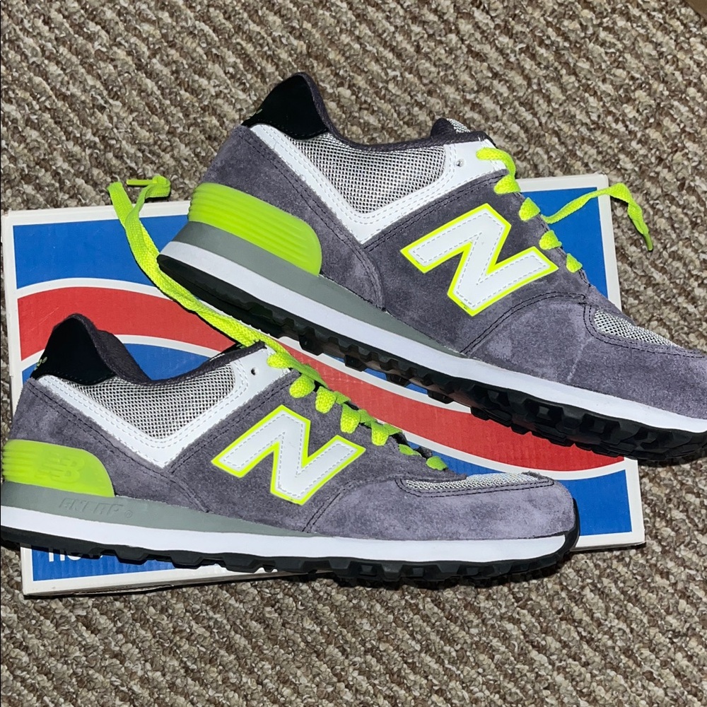 New Balance 574 Gray Sneakers with Neon Yellow Laces and Insoles